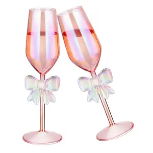 2-Pack Pink Iridescent Champagne Flutes with Bow Base for Women, 10.5oz Handcrafted High Borosilicate Glasses, Elegant Rainbow Glassware for Wedding Party Celebration, Unique Tall Drink Cups