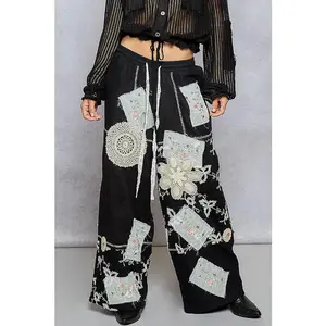 POL Patchwork Relaxed Cotton Pants - Black