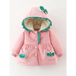 ' Winter Hooded Jacket - Long Sleeve Non-Stretch Coat with Front Bow Accent, Easy Button Closure, Hand Washable Outerwear, (Red/other Solid Color Available) - Perfect Christmas Outfit