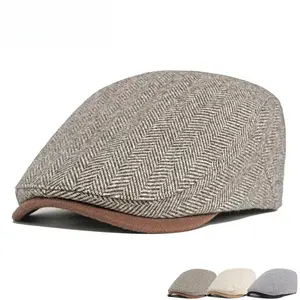 BIGWIG Classic Herringbone Flat Top Cap, Ivy League Taxi Driver Cap, Newsboy Cap, Retro British Winter Herringbone Beret, Adjustable Brim, Gatsby Style Flat Top Cap, Tweed Autumn/Winter Warm Cap, Casual Duckbill Cap