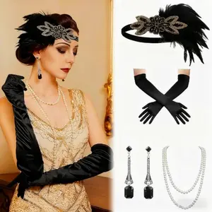 4pcs Elegant Retro 1920s-1940s Women's Dress Up Accessory Set with Feather & Rhinestone Headband, Necklace, Earrings & Bracelet-Like Cuff - Vintage Costume Jewelry for Dance Parties, Halloween, Themed Events (-Like Beads)Headpiece For Women,