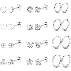 12 Pairs Surgical Steel Stud Earrings for Women & Men, Gold Cartilage Earrings, Hypoallergenic Small Ear Studs & Hoop Earrings, Stainless Steel Flat Back Earrings Set for Multiple Piercings,summerwins