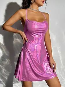 Viral Barbiecore Metallic Pink Mini Dress Women Sexy Cowl Neck Shiny Slip Dress Y2K Holographic Partywear Curve Hugging True to Size Figure Flattering Going Out Clubwear Festival Rave Birthday Outfit Spring TikTok Fashion Must Haves