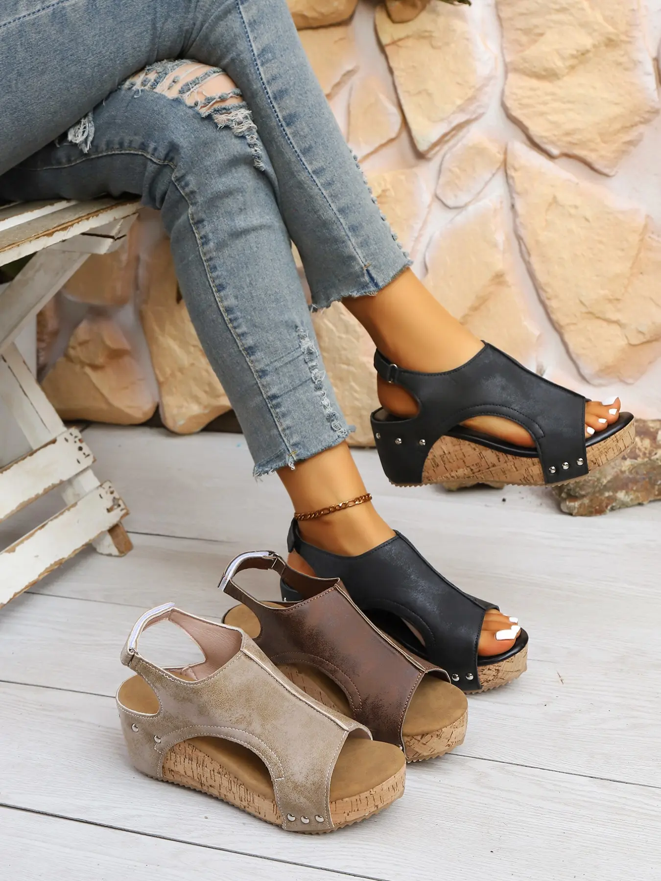 Women's Retro Wedge Heel Fish Mouth Open Toe Sandals, Soft PU Leather Breathable Summer Sandals Thick Sole Platform Shoes, // Colors, Comfortable Casual Shoes