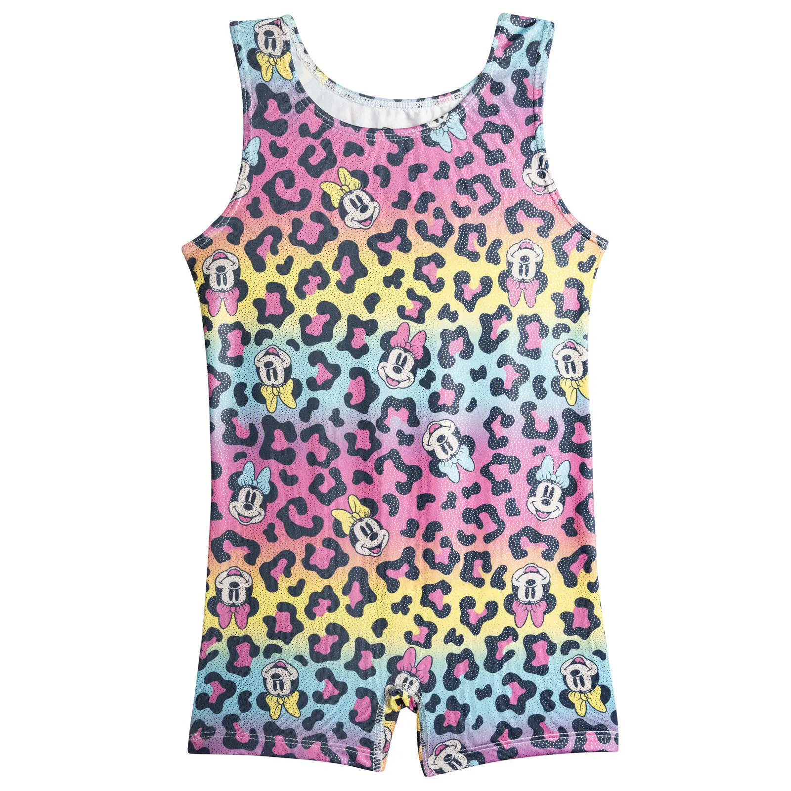 Disney Leopard & Minnie Mouse Female Gymnastics Unitard for 3-4Y (3T,4T) - Foil Sleeveless, Rainbow All-Over Print, Comfortable Bike Shorts Length, 4-Way Stretch Jersey Fabric, Pull-On Fit, Shape-Retaining, Machine Washable, Athletic Look