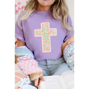 Wisteria Easter Floral Cross Christian Casual Tee