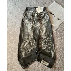 Oversized printed washed old casual jeans for men, punk fashion retro hip-hop high waisted wide leg pants(Raincoats)