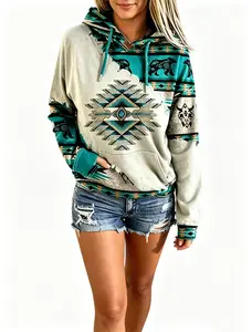 Women's Casual Long Sleeve Hooded Sweatshirt with Ethnic Aztec Geometric Print Patchwork Design, Drawstring Hood, Kangaroo Pocket, Soft Fleece Lined Pullover Top for Fall Winter