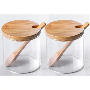 2 PCS Clear Glass Condiment Canister Pots Set, Simple Stylish Decorative Storage Seasoning Container with Bamboo Lid & Spoon for Home Kitchen Café Storing Salt Sugar Spice (Round)