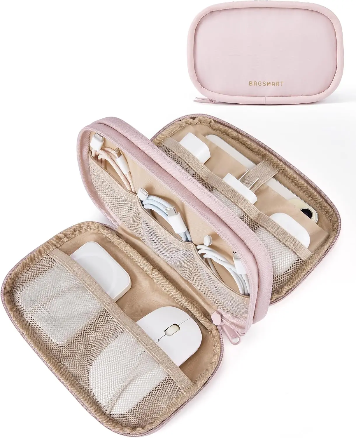 -Layer Compact Travel Cable Organizer Bag, Luggage Tech Case for Chargers, Cables, Phones, Flash Drives (Pink)