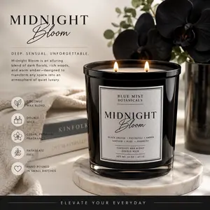 Blue Mist Botanicals Midnight Bloom Decor Candle - 16 oz Coconut Wax Blend with Black Orchid, Patchouli, Amber, Leather, Rose, Oakmoss Scent, Aroma, Fragrance for Room