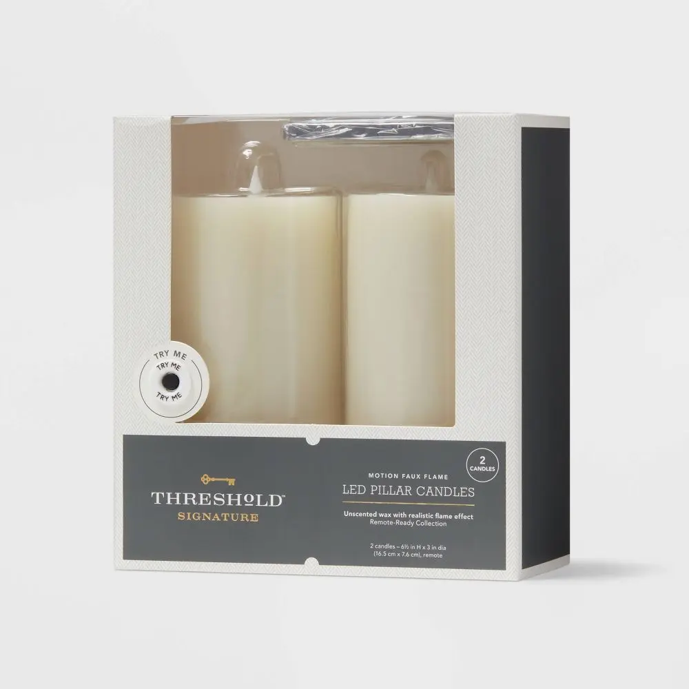 2pc Threshold 3" x 6" LED Flameless Flickering White Pillar Candles w/ Remote 2pc Threshold 3" x 6" LED Flameless Flickering White Pillar Candles w/ Remote