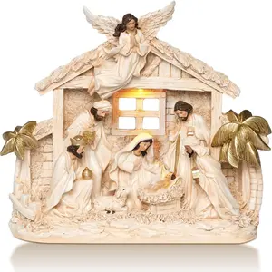 Nativity Sets for Christmas Figurine Decorations Indoor 12.5 Inch Large Lighted Resin Manger for Nativity Scene Jesus Religious Holidays Home Tabletop Xmas Decor Collection Gifts White