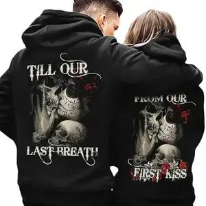 Skull & Rose Couple Hoodie & T-Shirt & Sweatshirt |   Matching His & Her Sweatshirt From First Kiss Till Last Breath Graphic Casual Pullover for Men Women Romantic Gift