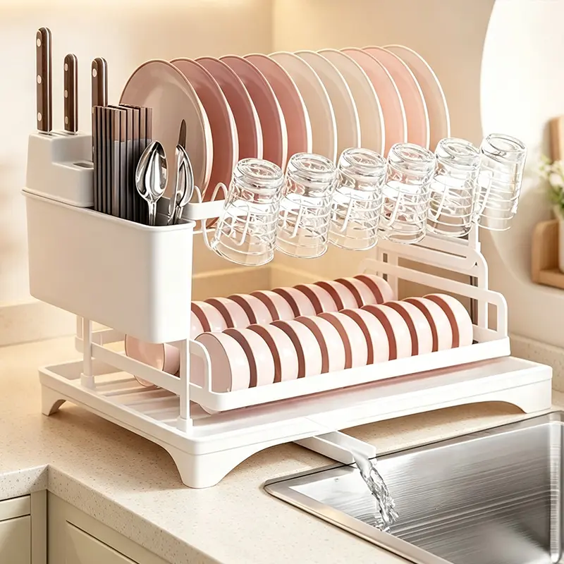 2-Layer Rectangle Stainless Steel Dish Drying Rack, Countertop Kitchen Organizer with Cutlery & Cup Holders, Draining Tray, Rustproof No-Excess-Moisture Multifunctional Black Kitchenware Rack