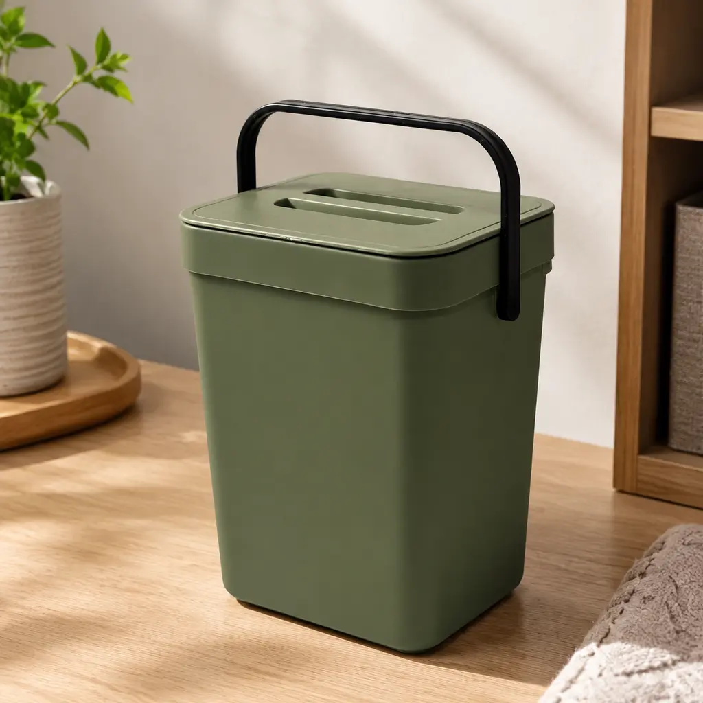 Avocado Green Punch-Free Hanging Lidded Mini Trash Can with Portable Handle - Cabinet Door & Tabletop Dual-Purpose Odor-Proof Waste Bin for Kitchen, Bathroom - Aesthetic Space-Saving Home Garbage Container