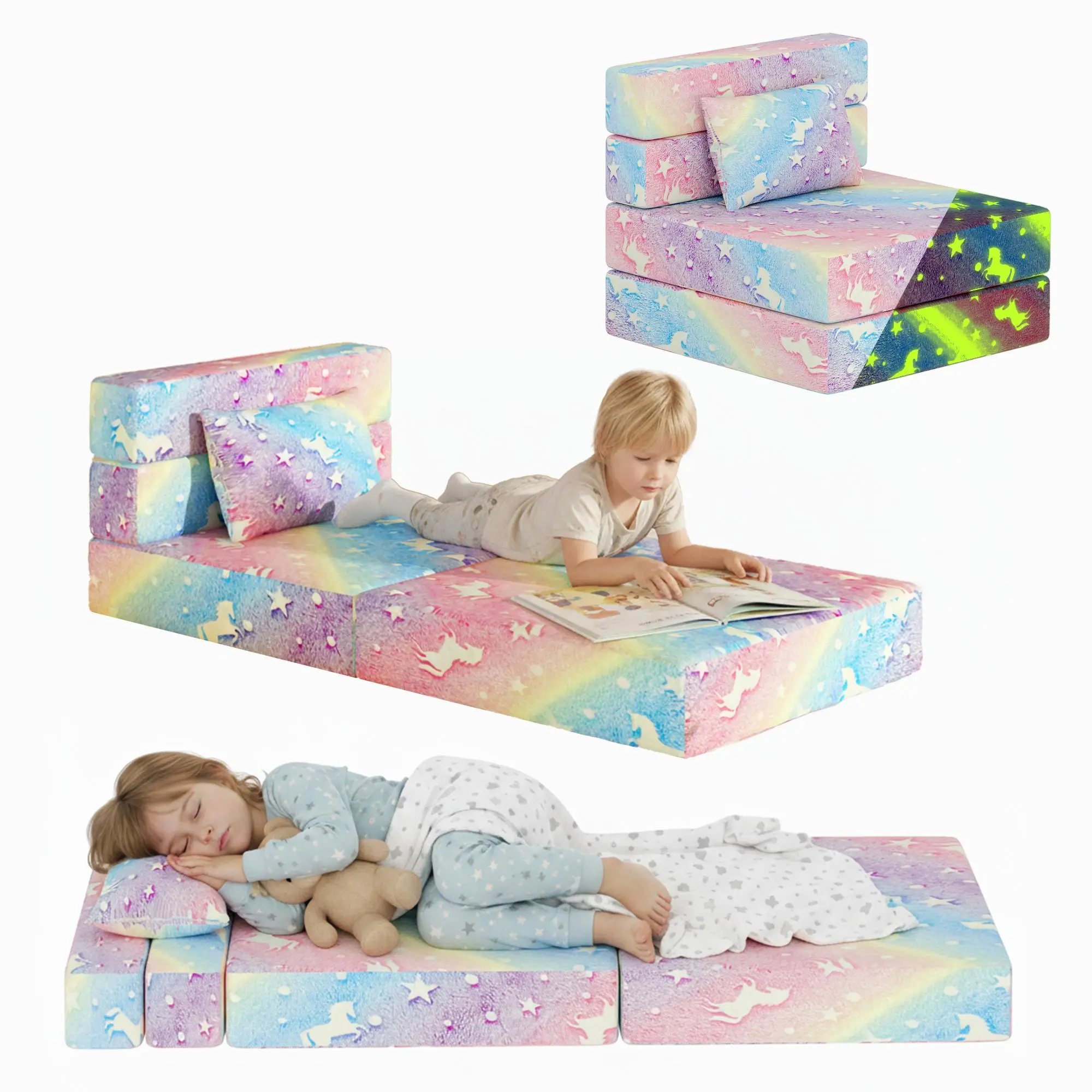 Baxluxe Convertible Armless 3-in-1 Chair-Sofa-Bed, Glow-in-the-Dark Cartoon Kids Tri-Fold Floor Mattress with Pillow, Fully Assembled Portable Futon, Durable Machine-Washable Cover, Fire Safety Label, Gift for Girls and Boys