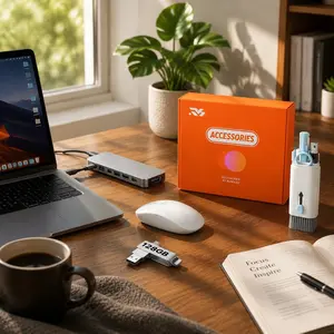 4-in-1 set, including a white wireless mouse, a 7-in-1 docking station, a 128GB USB flash drive, and a 7-in-1 cleaning kit