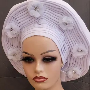 African Women Fashion Wedding Head Turban African Nigerian Head Wraps Plain Auto Gele Turban - White