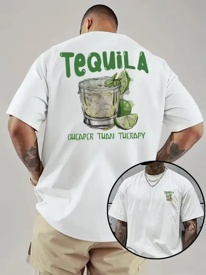 Women's Big and Tall Unisex Round Neck Shortsleeve Tequila Graphic Tee - Comfortable Fabric Casual Top with 'CHEAPER THAN THERAPY' Drink Design, Ideal for Summer Outings, Parties, Perfect Gift for Tequila Lovers, Casual Street, Drink Motif