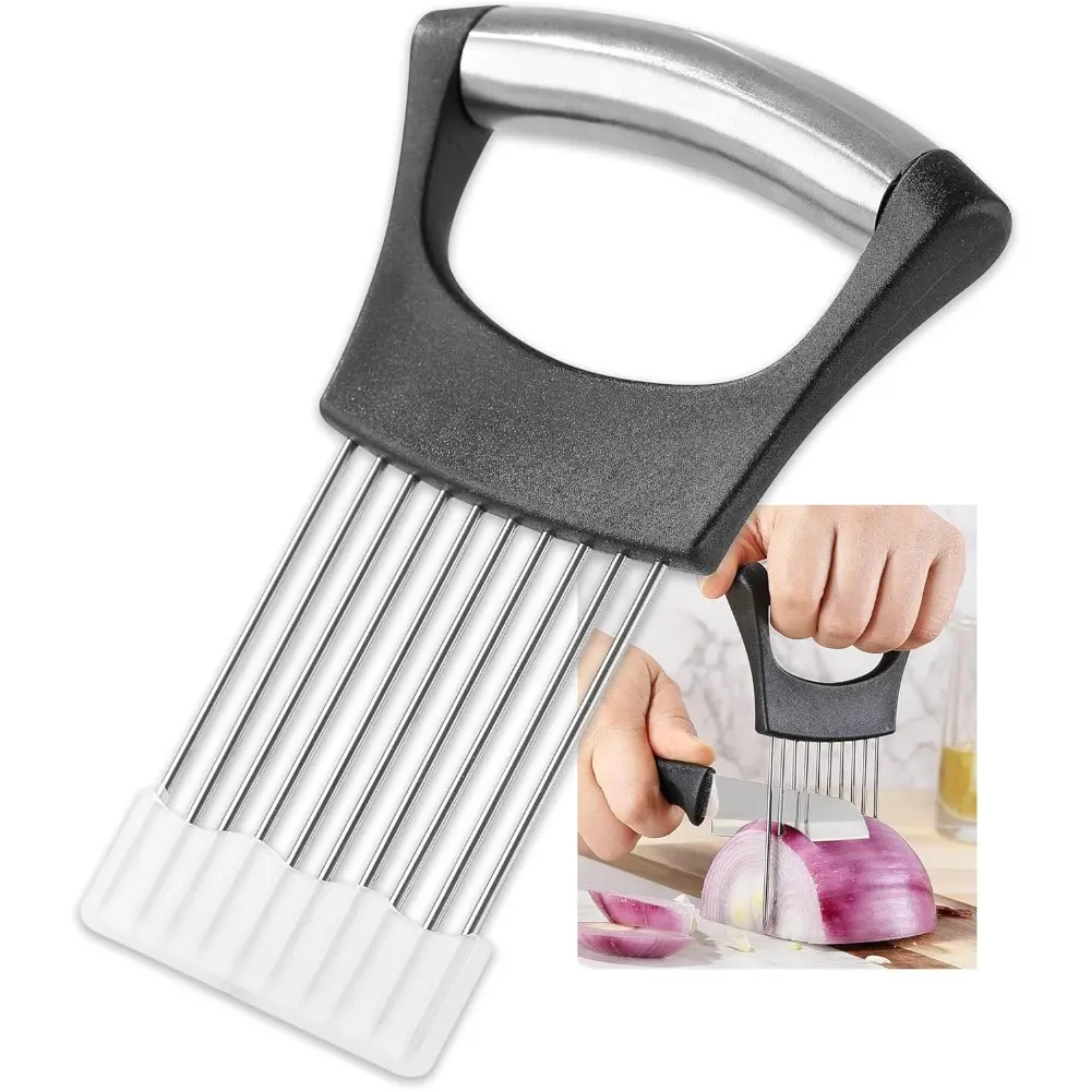 Onion Slicer, Stainless Steel Onion Cutter for Slicing and Storage Onions, Tomato, Eggs and Vegetables, Protective Cover Included, Dishwasher Safe (Black)
