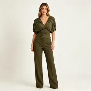 Women's V Neck Ruched Slim Fit Solid Color Blouse, Summer Short Sleeve Fitted Top, Casual Fashion Shirt for Women