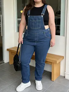 Plus Size Women's Fashion Washed Denim Overalls, Casual Loose-Fitting Backless Jeans, All Seasons Wearable for Dating Outdoors