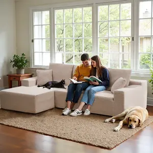 106.3 Inch Modular Corduroy Sectional Couch with Chaise, Free Combination Sleeper Sofa, 1400 LBS Heavy Duty No Assembly Sofa, Single Package Delivery for Apartment & Gaming, Beige