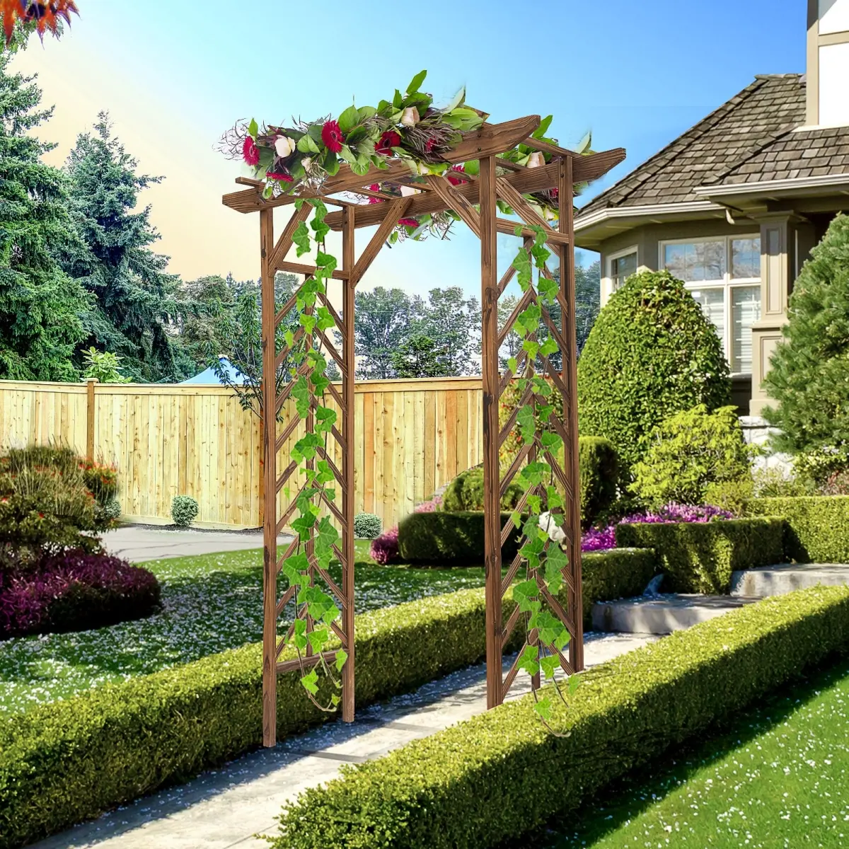 212 Main 844-274 Outsunny Fir Wood Garden & Backyard Arbor Trellis with Pergola Style Roof Perfect for Vines & Other Plants