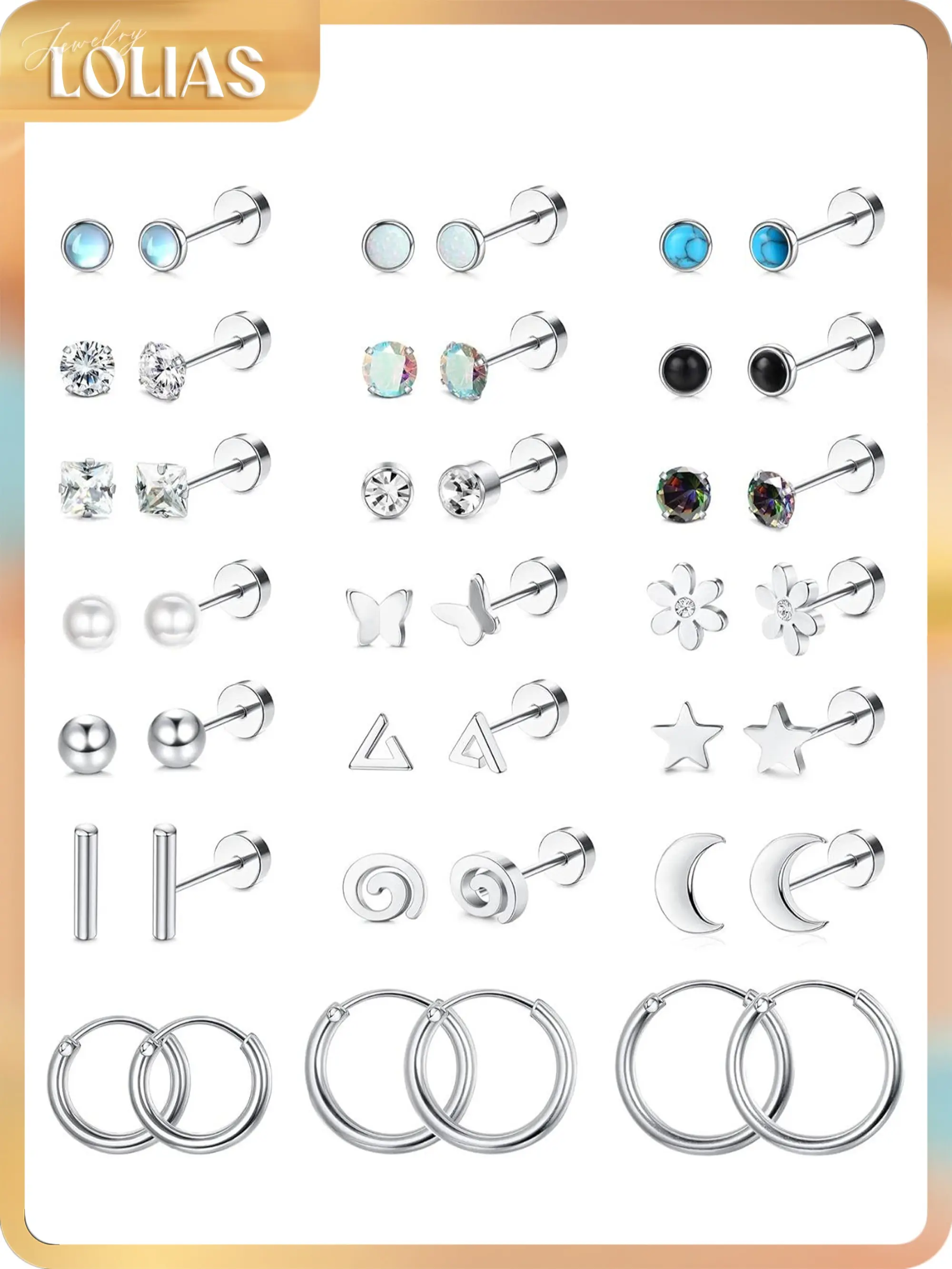 LOLIAS 21-Pair Stud & Hoop Earrings Set for Women, Hypoallergenic Surgical Steel Flat Back & Screw Back Studs, 20G Assorted CZ & Opal Flat Pierced Jewelry for Cartilage, Helix Cartilage Piercing, Piercing Jewelry, Body Piercings, Swimming, Flat Back Earri