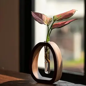 A stylish walnut wood vase with glass tube, Home Decorative Vase | Modern minimalist style | Perfect for decorating homes, hotels, and apartments | Ideal gift suggestion