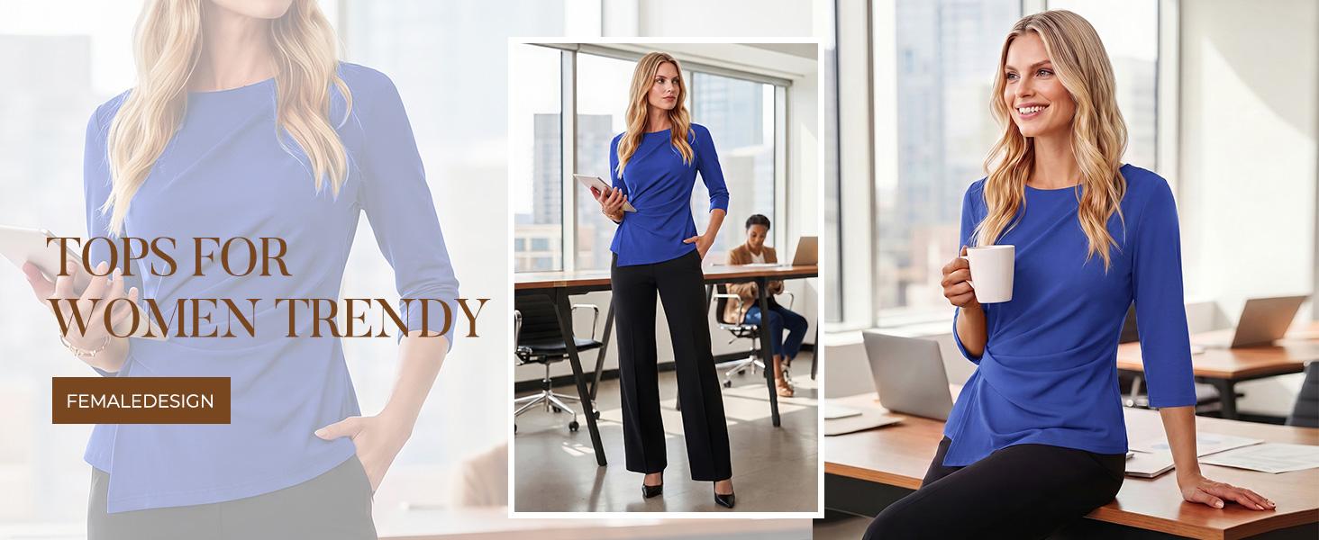 GRACE KARIN Women's 2026 Business Casual Tops, Summer Peplum Blouses with 3/4 Slit Cuffs, Viscose Blend Boat Neck Dressy Shirts with Side Twist & Ruched Front for Work