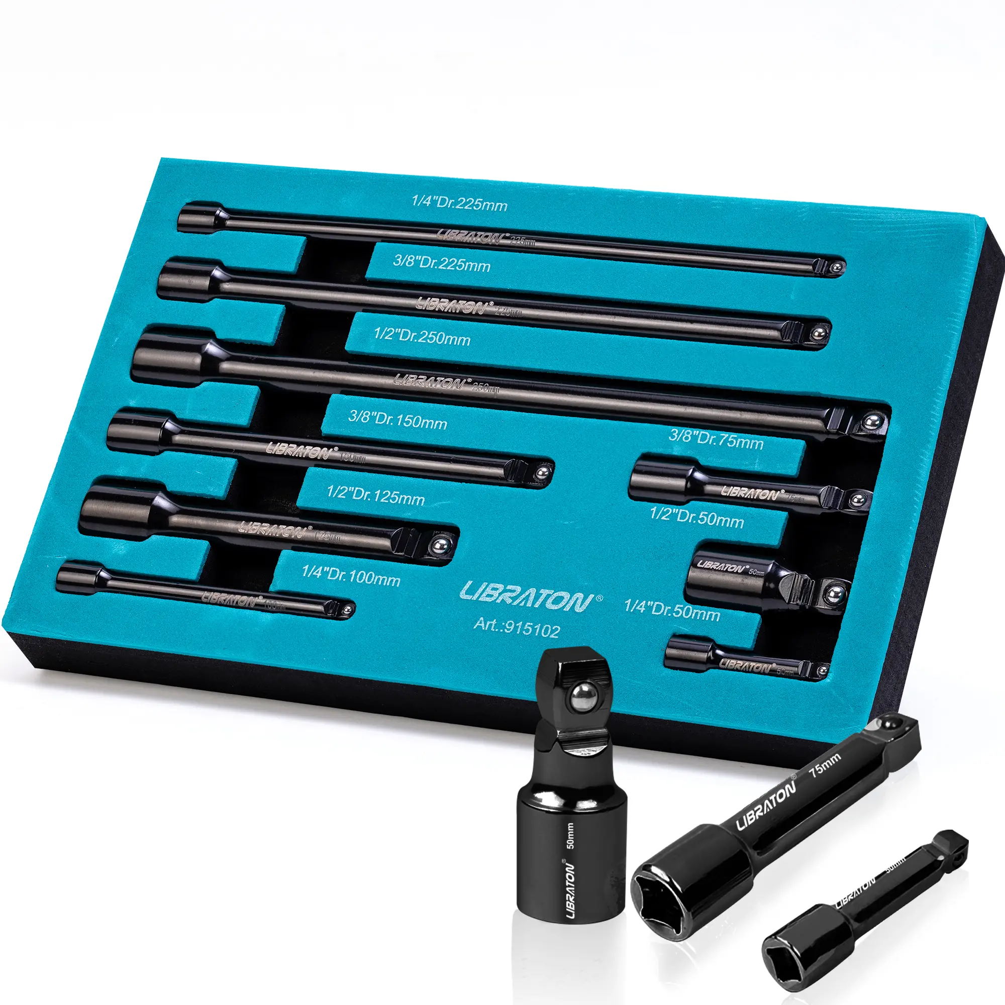 LIBRATON Wobble Extension Set, Socket Extensions Set, Ratchet Extensions 1/4", 3/8", 1/2", Cr-V, with EVA Storage Tray