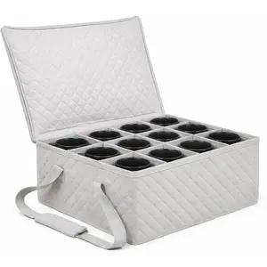 Coffee Mug Storage Bin - Mug Storage Box for Coffee Cups & Mugs (Holds 12 Cups) - Stackable Mug Storage Organizer with Dividers for Kitchen Cabinets & Countertops (Grey & Beige)