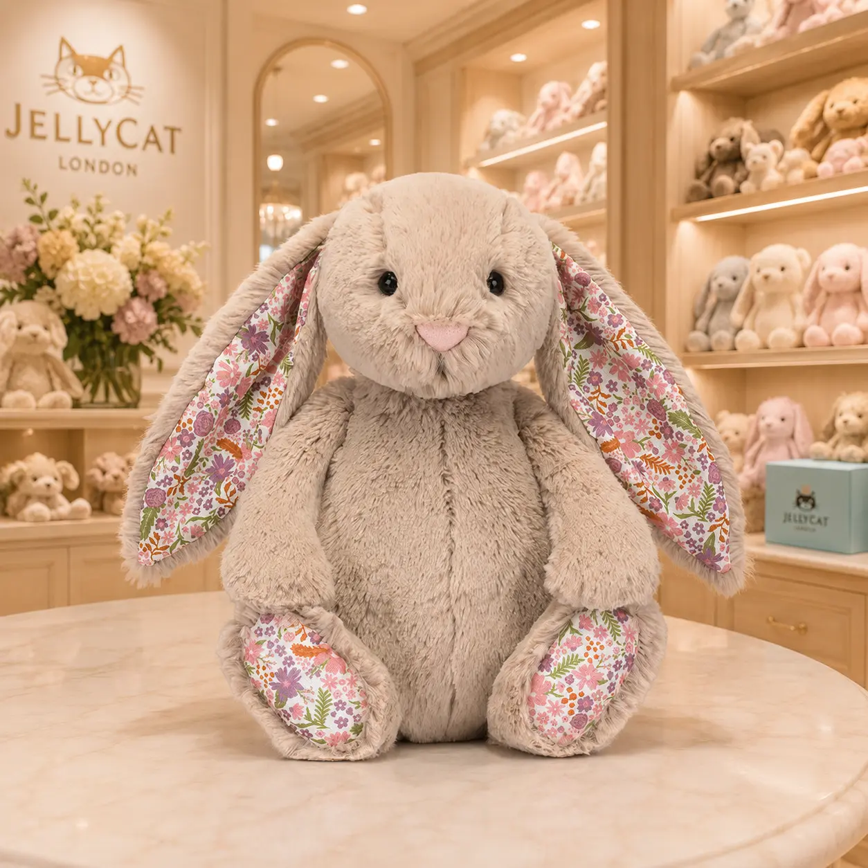 Jellycat Bashful Bunny Plush with Floral Liberty Ears & Jellycat Gift Bag, Soft Floral Rabbit Stuffed Animal, Cute Baby Shower Nursery Decor, Easter Birthday Gift for Kids & Adults