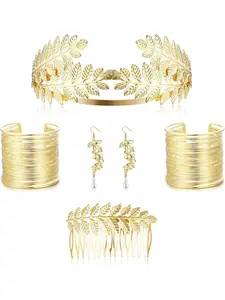 6Pcs Greek Goddess Costume Accessories Set for Women Leaf Headband Bracelet Armband Golden Laurel Leaves Crown Costume Headband Bridal Wedding Headpiece