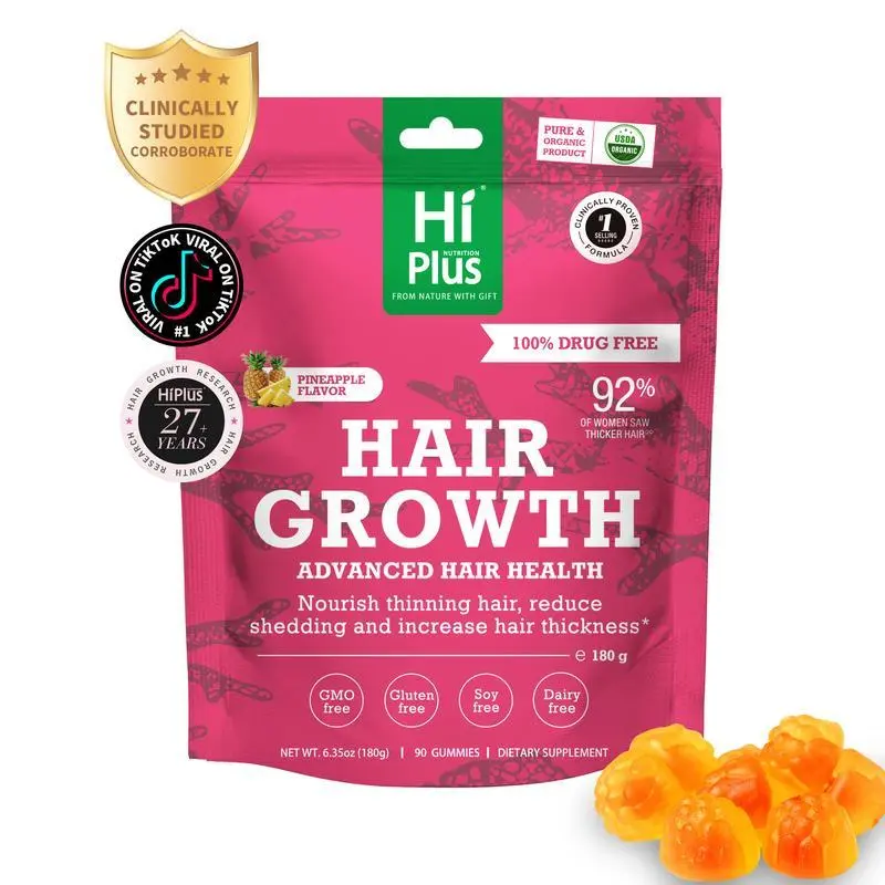 HiPlus Women's Hair Growth Supplement Gummies – Nourishes Thinning Hair & Boosts Hair Thickness – with Collagen, Biotin, Zinc, Vitamin C & Iron – Pineapple Flavor – 90 Gummies (45-Day Supply)