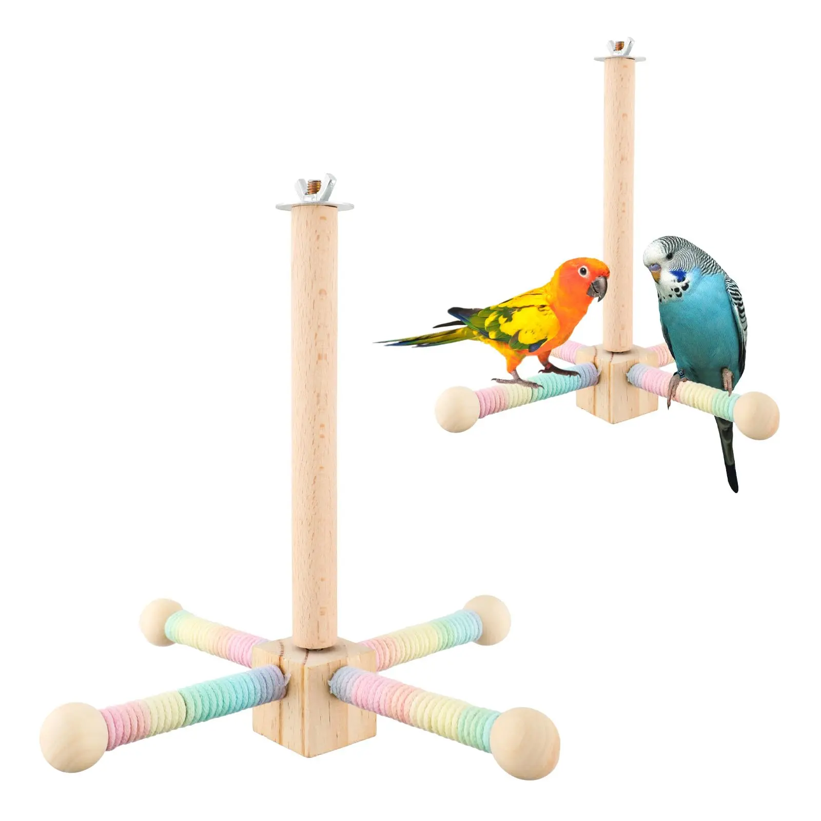 Natural Wood Parrot Perch Swing - 1-Pack Multi-Branch Kit with 360° Spin Swivel, Anti-Slip Texture, Colorful Rope-Wrapped Arms, Rainbow Beads, Hassle-Free Wire Cage Mounting, Dynamic Balance Exercise, Easy DIY Setup, Foraging Aid for Cockatiels