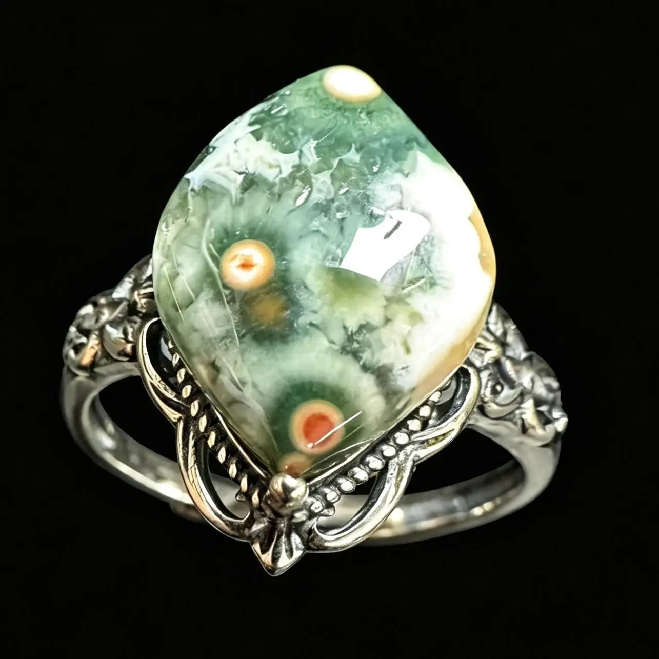 925 Silver Natural Ocean Jasper Adjustable Statement Ring