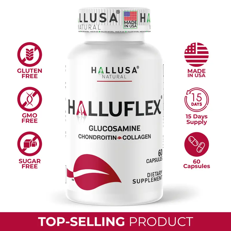 HALLUSA NATURAL Halluflex Organic Capsule, 1500mg Bone Health Chondroitin & Glucosamine with Collagen, Joint Support, 60-Count Pack Lasts Weeks, Made in USA, Gluten-Free, Non-GMO, Sugar-Free, Chondroitin+Collagen, Gluc+Chond+Collagen