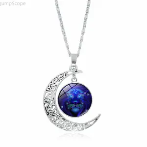 Neon Zodiac Moon Glass Cabochon Necklace - 12 Star Sign Pendant, Adjustable Chain, Mystical Celestial Jewelry for Her, Spiritual Gift (Indoor Recreation Accessory)
