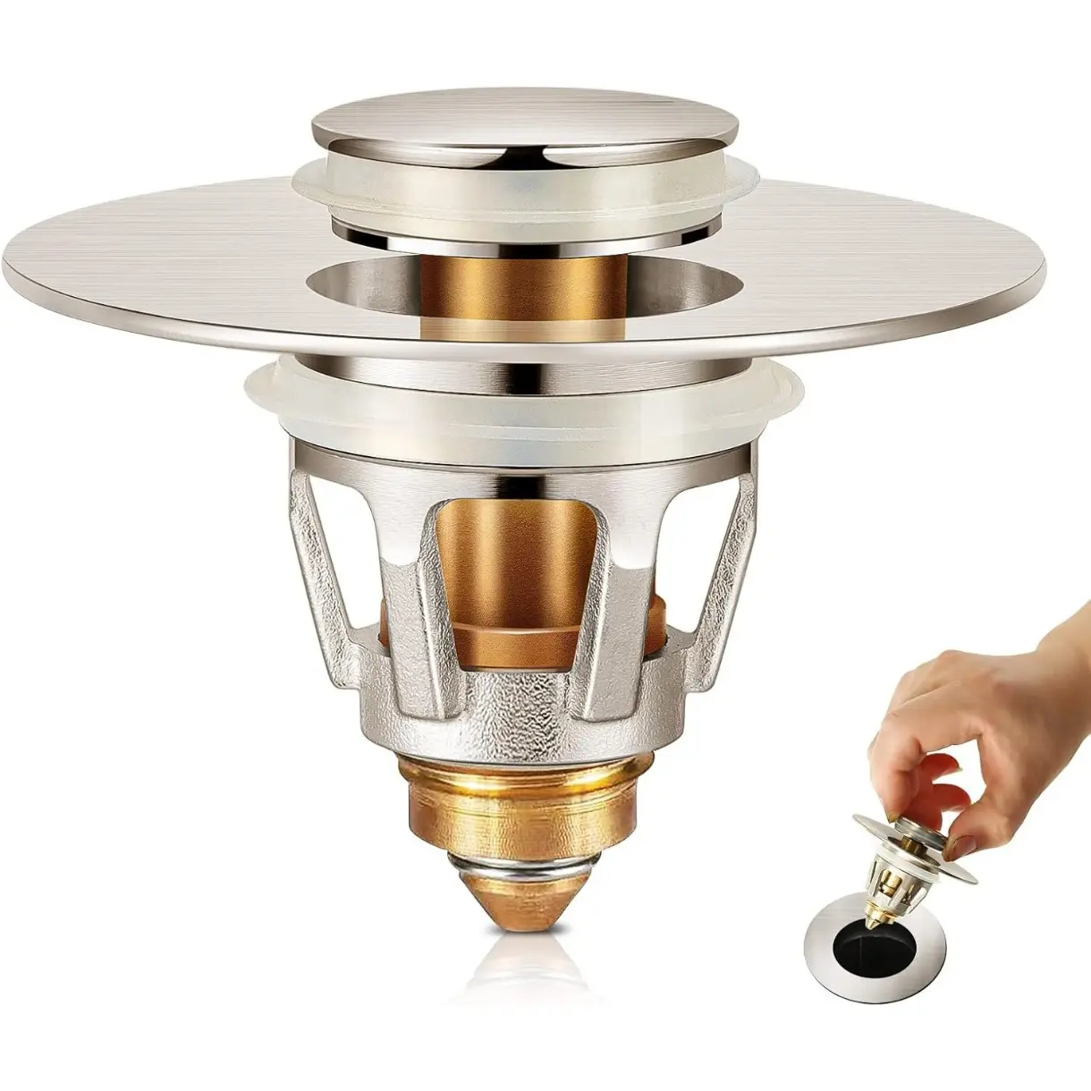 Bathroom Sink Stoppers Brushed Nickel 2-in-1 Sink Stopper & Strainer Universal Wash Basin for 1.1" to 1.5" Bathroom Sink Drain Pipe