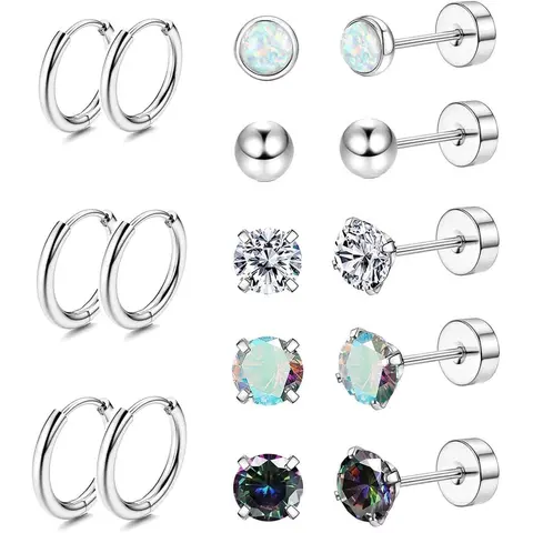 Women's 8-Pair Style Mix Earrings Sets - 20G Surgical Steel Hypoallergenic Material Tiny Stud Earrings, Opal CZ Glow Hoops, Casual Sleep-Friendly Flat Back, Safe for Sensitive Ears, Cartilage Jewelry for Swimming