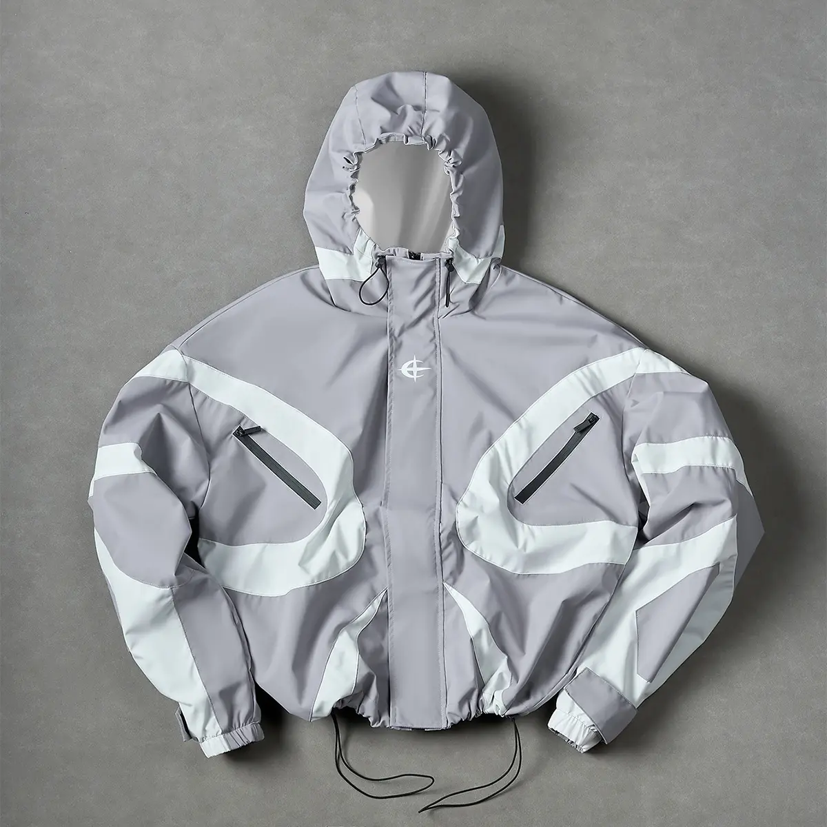 Men’s Stylish Futuristic Techwear Hooded Jacket – Long Sleeve, Color-Block Design, Trendy Street Outerwear, Adult Outdoor Coat with Zipper Pockets, Drawstring Hem for All Seasons