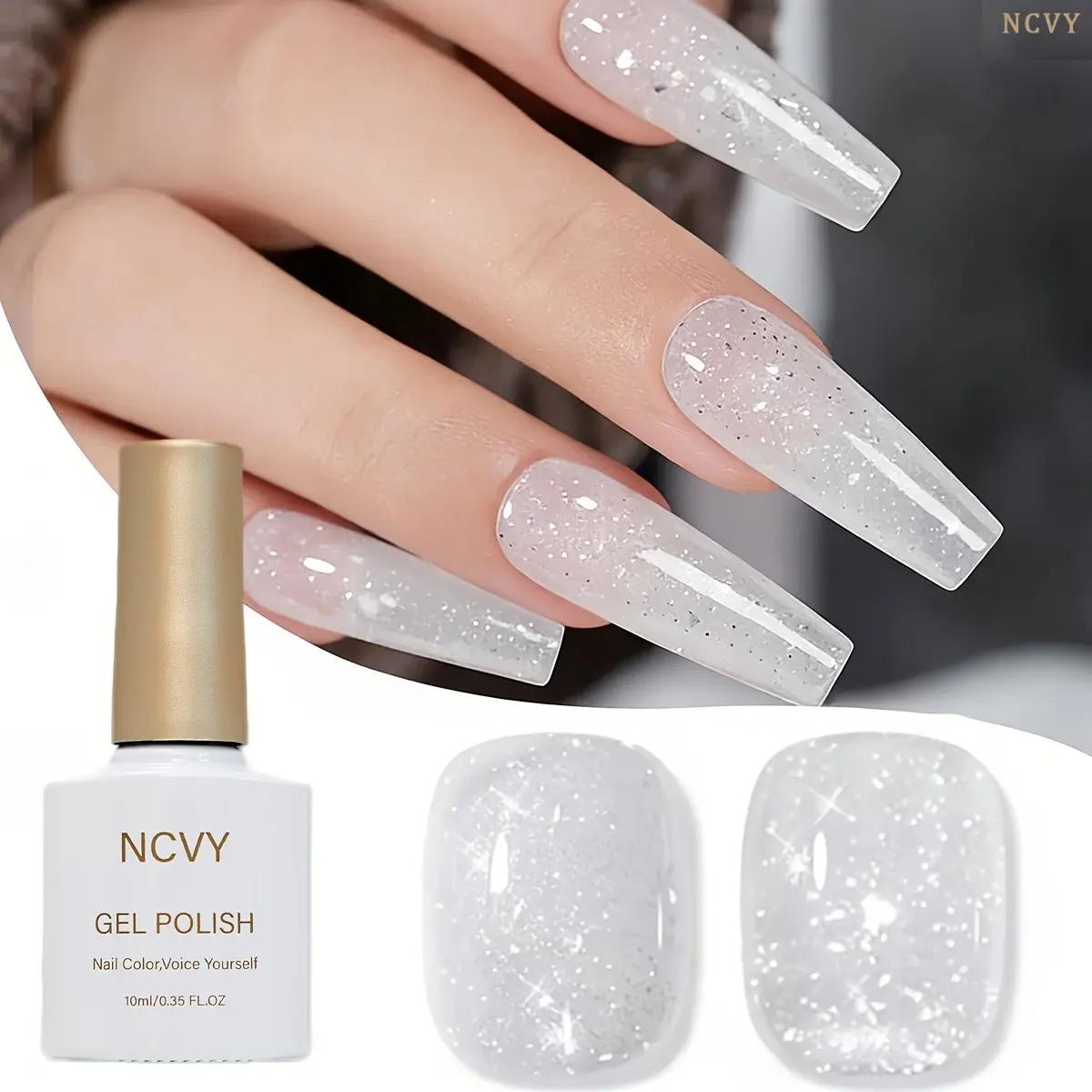 NCVY white glitter Gel Nail Polish, Manicure Gels, 10ml/0.35oz Fingernail Polish, long-lasting formula with LED curing, salon quality, Nail Gel Art, perfect for DIY at home, ideal gift for Valentine's Day and spring/summer, safe formula free of HEMA