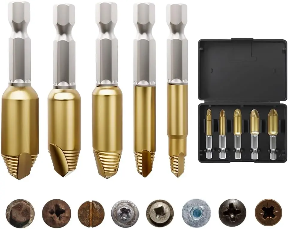 5-Piece Stripped Screw Extractor Set - HSS 4321, Father's Day, Gifts from Wife Daughter Son Manually Remove Screws and Bolts, Damaged Screw Removal Extractor Set - Ideal for DIY and Home Repairs