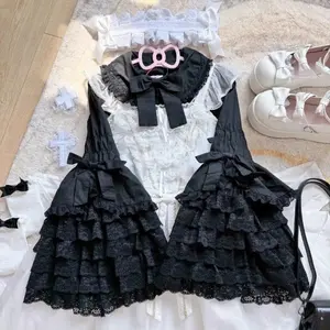 Peter Pan Collar Black Lace Lolita Shirt Women Summer All-match Bottoming Blouses 2025 New Flare Sleeve Blusas De Mujer