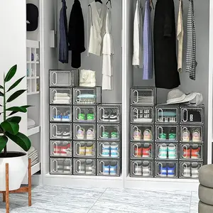 XX-Large 12 Pack Shoe Storage Boxes, Shoe Boxes Clear Plastic Stackable, Shoe Organizer Boxes with Lids, Shoe Container Boxes for Closet, Black