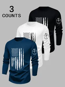 Men's 3-Piece Knit Print Round Neck Long Sleeve T-Shirt Set, Casual Outdoor Spring & Fall Running Jogging, Athletic Training Apparel, Athletic Sports Clothing, 3-Pack