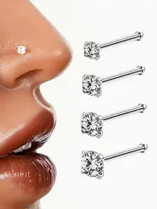 Elegant Minimalist Round Cut Cubic Zirconia Nose Studs, 4pcs Straight Bar Design, Perfect for Daily & Party Wear, Seasonless Piercing, Nose Piercing Jewelry, Body Jewelry